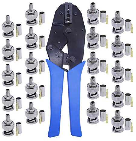 Kagni Kit di crimpatura BNC, 20 connettori (10 BNC maschio RG59, 10 pezzi RG58), strumento di crimpatura in acciaio al carbonio con design di bloccaggio integrato, include taglierina gratuita