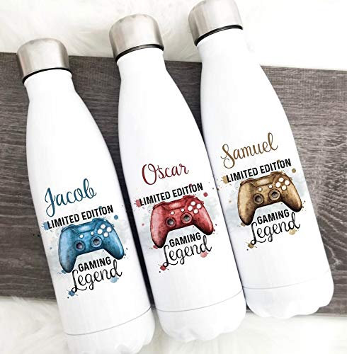 Limited Edition - Insulated Drinks Bottle 500ml, Gamer Gaming Design, PS Station, X, Box, Lock Down, Mental Awareness - Fully Personalised, Customisable (Blue)