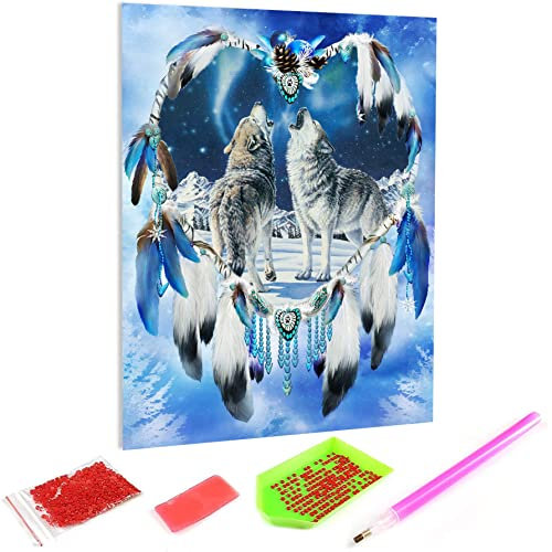 Hoobee 5D Diamond Painting Complet Loup Attrapeur De Rêves, DIY Peinture Broderie Diamant Painting Rond Kits Tard Le Soir Animal Au Point De Croix Mosaïque Strass Décoration De La Maison 30x40 cm
