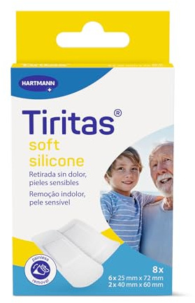 Tiritas Weiches Silikon: Weiße Verbände mit Silikonkleber; geeignet für empfindliche und empfindliche Haut, schmerzfreie Entfernung; 2 Größen 8 Stück