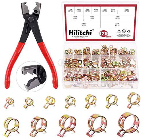 Hilitchi Assortiment de 121 clips de type bande à ressort avec collier de serrage à ressort de 7 à 22 mm 12 tailles et une pince de serrage pour tuyau de carburant, collier de serrage en silicone pour
