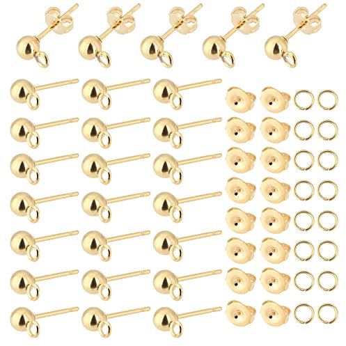 PandaHall Ohrstecker aus 24K Gold, 100 Stück Hypoallergene Kugel-Ohrringpfosten mit Schlaufe Edelstahl Ohrring Komponenten mit Sprungringe Ohrmuttern für DIY Basteln Ohrringen Schmuckherstellung
