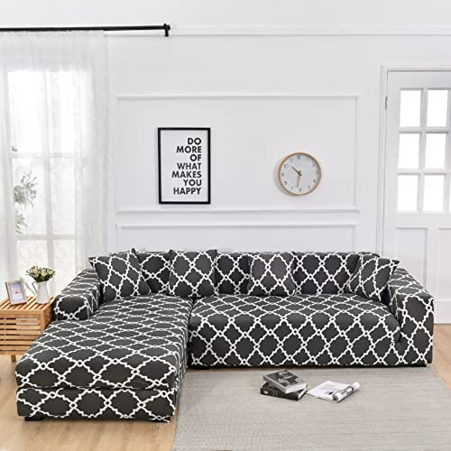 ShowyLive Sofa Überzug Couch Überzug 2er Set für Ecksofa L-Form Sofabezug 3 Sitzer+3 Sitzer, mit 4 Stück Kissenbezug, Graue Fliesen