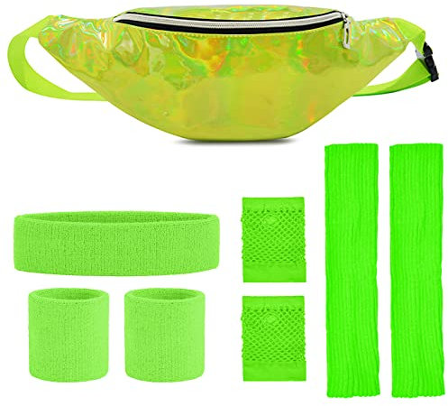 SPOKKI 80er Jahre Outfit Damen Set, 80er Aerobic Outfit, Laser Gürtel Tasche, Grünes Armband Stirnband Leggings Netzhandschuhe, Neon Kleidung Damen 80er Jahre Accessoires(8er-Pack, Grün)