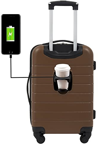 Wrangler Smart Luggage Set with Cup Holder and USB Port, Toffee, 20-Inch Carry-On, Smart Luggage Set with Cup Holder and USB Port