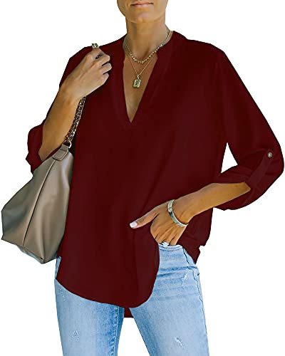 NONSAR Damblus, elegant, v-ringad, Henley, skjortblus, rullbara ärmar, lösa blusar, Vinröd, XXL