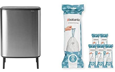 Brabantia Bo Touch Bin Hi - 2 x 30 Litre Inner Buckets (Matt Steel FPP) Waste/Recycling Kitchen Bin + O Liners Multipack Box (120 rolls)