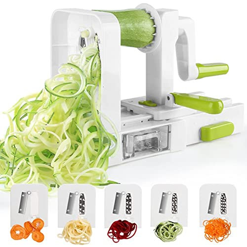 Ecoodisk 5-Blatt-Gemüse-Spiralisator Faltbarer Spiralschneider Bestes Gemüse-Nudel-Spaghetti-Hersteller für kohlenhydratarme/paläo/glutenfreie/vegane Mahlzeiten