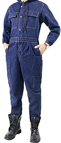 Ommda Men's Cotton Denim Hood Long Sleeve Frame Retardant Work Overall, Safety Insulated Workwear Zipper Boiler Suit Coverall, Blue 03, XL