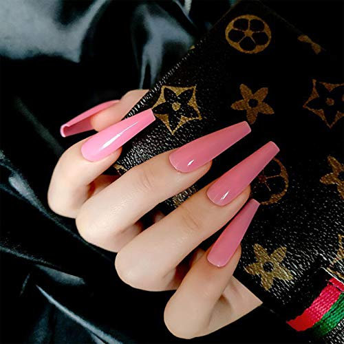 Allereya super long coffin faux ongles ballerina rose press on clous bal party clip on ongles super long couvercle complet acrylique ongles art pour femmes et filles 24pcs (rose)