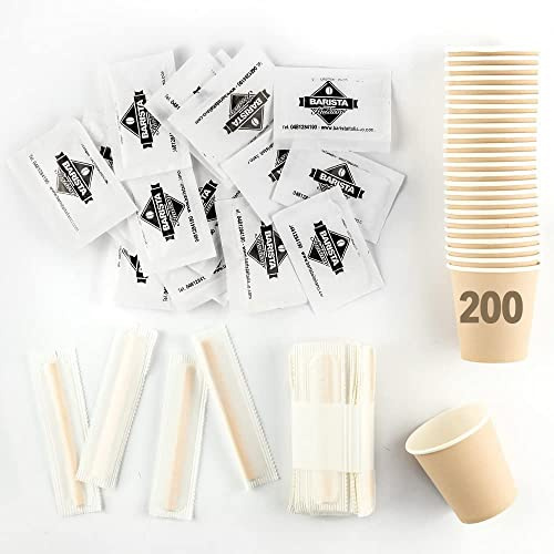 Kit Caffè | 200 Bustine Zucchero, 200 Bicchierini Carta, 200 Palette Legno | Riciclabile