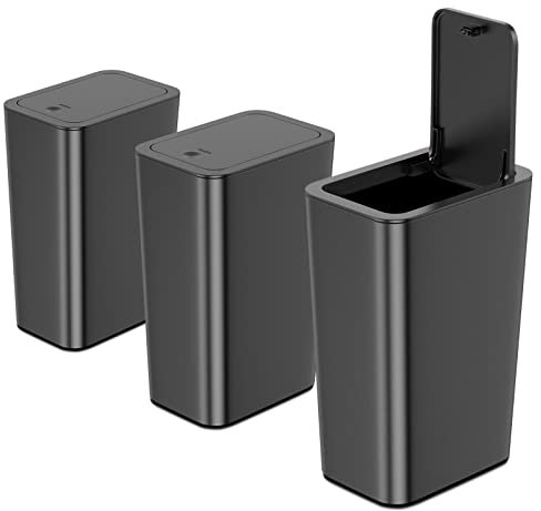 N. NETDOT 3 Pack 10 L/2.6 Gal Bathroom Trash Can with Lid, Small Kitchen Trash Can with Press Type Lid, Black Trash Can/Slim Garbage Cans/Trash Bin/Waste Basket for Bathroom,Kitchen,Office,Bedroom