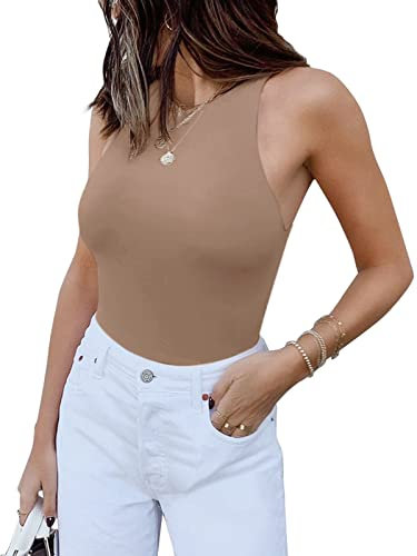 REORIA Damen Sexy ärmelloser High Neck Racer Back Halfter Tanga Bodysuits Gymnastikanzug Tanktops Khaki XL