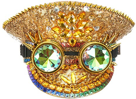Bslingerie Halloween Steampunk Cosplay Pailletten Hut Rave Party Festival Kapitän Kopfbedeckung mit Brille, Gold – Kristall, One size