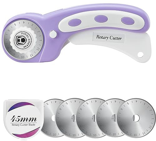 Headley Tools Cutter rotatif avec 5 lames de rechange, coupe-tissu avec poignée ergonomique et fermeture de sécurité, 45 mm, pour tissu, cuir, bricolage, couture, matelassage (violet)