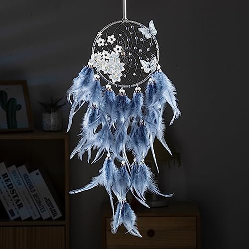 CULASIGN Traumfänger mit LED Licht,Led Traumfänger Mädchen Handgefertigt Dreamcatcher mit Federn, Bohemian Dekoration,für Gute Träume Wandbehang Auto Raum Mädchen Kreatives Geschenk (Blau)