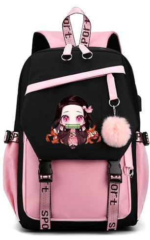WKxinxuan Demon Slayer Rucksack, Anime Rucksack, Kawaii Schultasche, Kids Backpack Girl, Wasserabweisend mit Verstellbare Träger 17inch