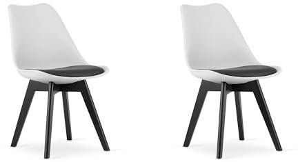 NMK HOME 2er Set Esszimmerstühle Weiß mit schwarzem Sitzpolster – gepolsterte Kunststoffsitze mit Kunstleder, Schwarze Polypropylen-Beine, eleganter Kontrast und klare Linien