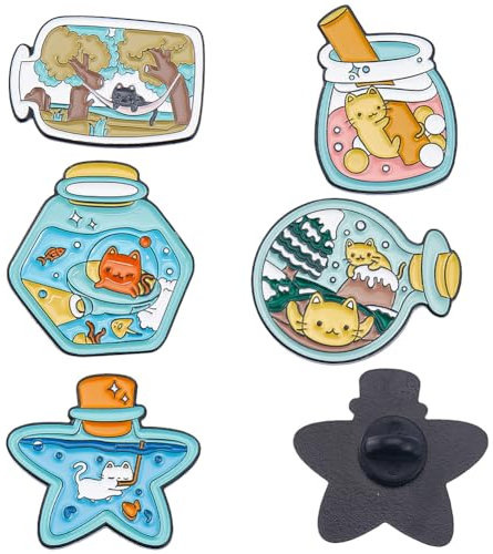 SUNNYCLUE 1 boîte 5 pièces Épingles en Émail Chat Épingles à Chat en Vrac Animaux Broche Étoile Bouteille Émail Kawaii Dessin Animé Animaux Ensemble D'Épingl