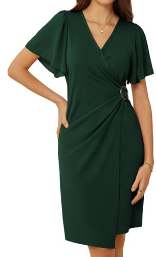 GRACE KARIN Robes Noel Femme Moulante Crayon Vintage Robe Vert Col en V Surplis Chic et Elegant Moussline Vert Foncé -3 M