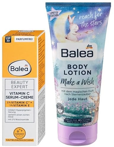 Balea 2er-Set Hautpflege: Beauty Expert VITAMIN C Serum-Creme, LSF 30, UVA-Schutz, mildert Hyperpigmentierung, schenkt strahlenden Glow & Feuchtigkeit (50 ml) + Bodylotion MAKE A WISH (200 ml), 250 ml