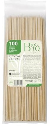 MONOUSALO 100 Spiedini per Barbecue in Legno idonei al Contatto con Alimenti - Stecchini Lunghi per Bar, Ristoranti, Cucine Professionali, Uso Domestico, Finger Food, Griglia (25 cm)
