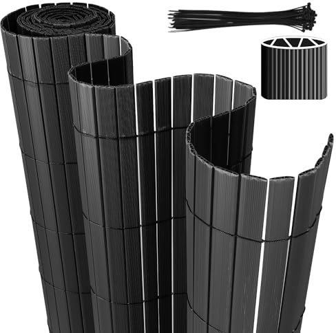 Eulenke PVC Sichtschutzmatte, 80 x 500cm Sichtschutzzaun mit Kabelbindern, Innen W-Struktur Verstärkte Lamellen, Windschutz Balkon sichtschutz für Zaun Garten Terrasse, Anthrazit