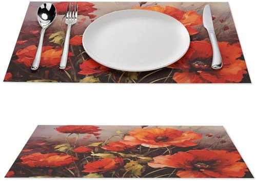 NTVOWPZO 1 x Tischset-Set, hitzebeständige Tischsets für den Esstisch, waschbar, PVC-Tischsets, rutschfest, gewebtes Vinyl, Platzsets für Küche, Innen- und Außenbereich, Ölgemälde, rote Blume