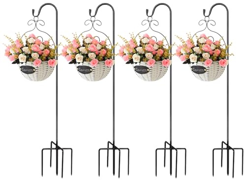 VIDETOL 4 Stück Schäferhaken Garden, 120 cm Verstellbar Hirtenstab mit 5 Prong Base, Schwarz Schäferstab, Metall Stange mit Haken für Pflanzkörbe, Laternen, Vogelhäuschen