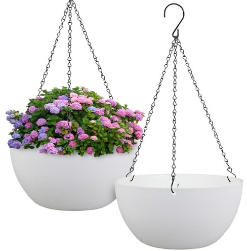 Meowell 30,5 cm große hängende Pflanzgefäße für Innen- und Außenbereich, 2 Stück, hängende Blumentöpfe mit Drainagelöchern und Kette für Gartenveranda, Kunststoff-Hängekörbe für Zimmerpflanzen, Weiß