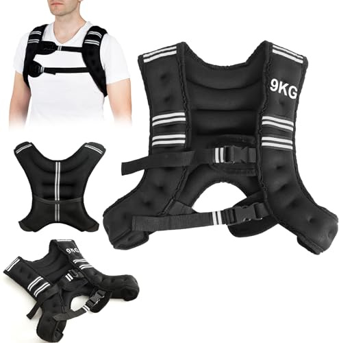 KOMFOTTEU Gilet peso 5/9/15 kg, gilet zavorato in neoprene per allenamenti di peso, gilet da corsa con strisce riflettenti e cinghie regolabili, nero