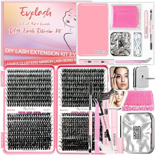 Qiveaory Kit di Estensione Ciglia 720Pcs DIY Individual Lashes Clusters D Curl 1X/2X Ingrandimento LED Specchio Lash Bond and Seal,Remover Ciglia,Pinzette Pennello Mini Applicatore(10-18mm,30-60D)