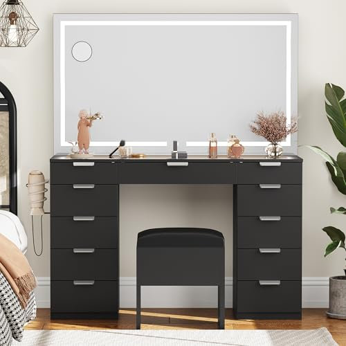 YITAHOME Schminktisch mit LED-Beleuchtung, 3 Farben mit Einstellbarer Helligkeit, Frisiertisch mit Spiegel für Make-up, Kosmetiktisch mit Steckdose, 11 Schubladen, Modern, schwarz