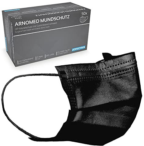ARNOMED 100x Medizinische Mundschutzmaske Schwarz, CE Zertifizierte Op Maske, Medical Face Mask, Schutzmaske Mund & Nase, Einwegmasken, Chirugischer Mundschutz, Klinische Gesichtsmaske