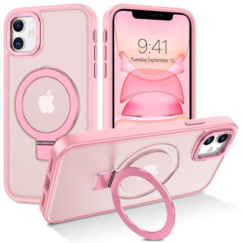 DUEDUE für iPhone 11 Hülle mit MagSafe, Handyhülle für iPhone 11 mit Unsichtbarem Ständer [Kompatibel mit Magsafe] Schützende, Stoßfeste, Matte, Magnetische, Ring Haltung Handyhülle 6,1 Rosa