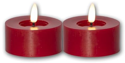 Star Trading 060-07 LED-Echtwachs-Kerze Flamme Flow T-Light 2er Set, rot, Wachsspiegeloptik, ca. 5,5x7 cm, naturgetreue Flamme, Batterie, Timer, Vierfarb-Karton