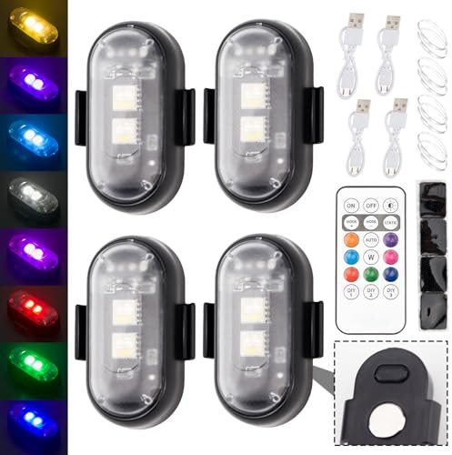 4PCS Wireless LED Strobe Lights with Remote Control, Waterproof USB Charing 8 Colors Mini LED Lights, High Brightness Anti-Collision Warning LED Lights for Car, Drone, Truck,automotive & Bike,Magnetic