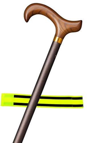 Gastrock Gehstock höhenverstellbar aus Aluminium, stabil, Derby-Griff aus Hartholz, leicht, bis 110 kg belastbar + Olanmarp Klettarmband mit Streifen (Braun)