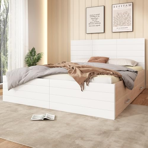 Doppelbett Holzbett Bettanlage, mit 2 Schubladen,Modernes Bett inkl. Bettgestell &Lattenrost,Set in Eiche/Weiß(Ohne Matratze) (180x200CM)