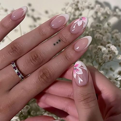 Press on Nails Almond - 24pcs Short False Nails with Glue - Nude Pink Stick on Nails with Flower Patterns - Glossy Full Cover Almond Nail Tips for Women Diy Nail Art