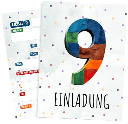 ZETTMANN® Einladungskarten Kindergeburtstag 10er Set – Baustein Design – Alter wählbar 5 6 7 8 9 Jahre – für Jungen & Mädchen – Premium Papier – Geburtstagseinladungen (9 Jahre)