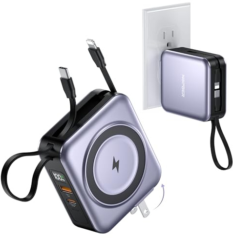 NOPBER 6-in-1 Magnetisches Tragbares Ladegerät 10000mAh - 22,5W Schnellladung mit AC Wandstecker Eingebautem USB-C & Lightning-Kabel für iPhone 17/16/15/14/13/12, Android & Samsung ​(Silbergrau)