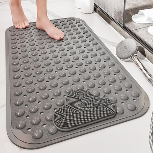 ZAHDMA Duschmatte rutschfest 106x66cm,Antirutschmatte Dusche aus TPE,Grau | mit Fußbürsten-Zone,mit Saugnäpfen,mit Ablauflöchern,Rechteckig