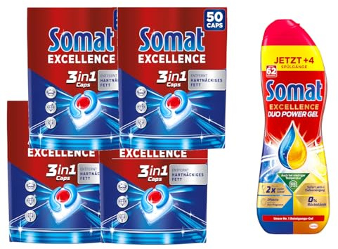 SOMAT Excellence 3in1 Caps 50 Tabs 905 g 4er Pack + Duo Power Gel 2 x 992 ml – großer Vorrat für hygienisch sauberes Geschirr und frischen Duft