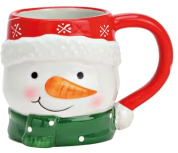 Generisch Schöne Weihnachtstasse Schneemann 3 D aus Keramik, Rot-Grün Design, 10cm x 8cm Weihnachtsbecher für Kinder 370 ml