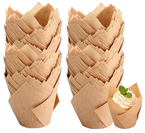200 Pezzi Stampi per Muffin in Carta Marrone Forma Tulipano | 200 Pezzi in Sacchetto Richiudibile – Igienico, Compatto, Sempre Pronto per Le Tue Idee Dolciarie.