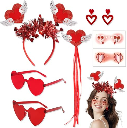 JNYUTEEN 7 Stück Amor Kostüm Set, Herz Haarreif Brille Zauberstab Ohrringe Gesicht Sticker, Herz Stirnband Amor Kostüm Accessoires für Faschingsparty Valentines Hochzeit Party