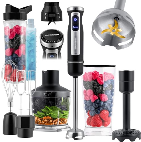 Berdsen Blender Mixer Handrührgerät - 1500W - 7-in-1-Set - Turbo-Funktion - Titan-Klinge GOLD - Mixen Schlagen Zerkleinern - BPA-frei - Flasche 600 ml - Schwarz
