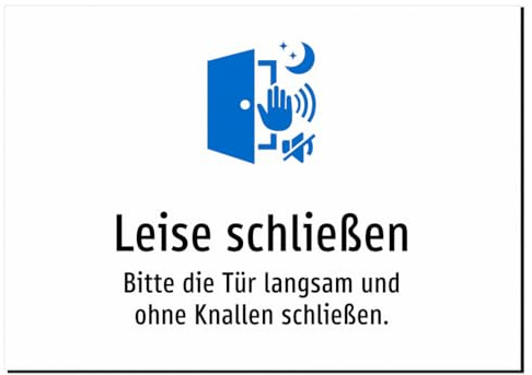 Leise schließen - Bitte die Tür langsam und ohne Knallen schließen. – Aluminiumschild A5: 210x148mm – Mit Grafik und Text
