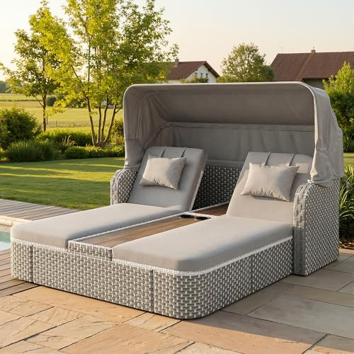 Kebnor Garten-Lounge-Set mit Sonnenschutz/Rattan-Insel-Sitzgruppe aus Polyrattan mit Pavillon/Wetterfeste Terassenmöbel inkl. Sofa, Hocker, Sessel & Tisch/Für Balkon & Garten/Beige/Grau (Grau)